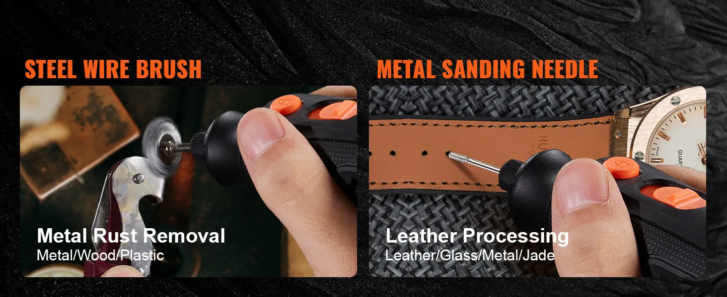 VEVOR rotary tool kit used for metal rust removal and leather processing.