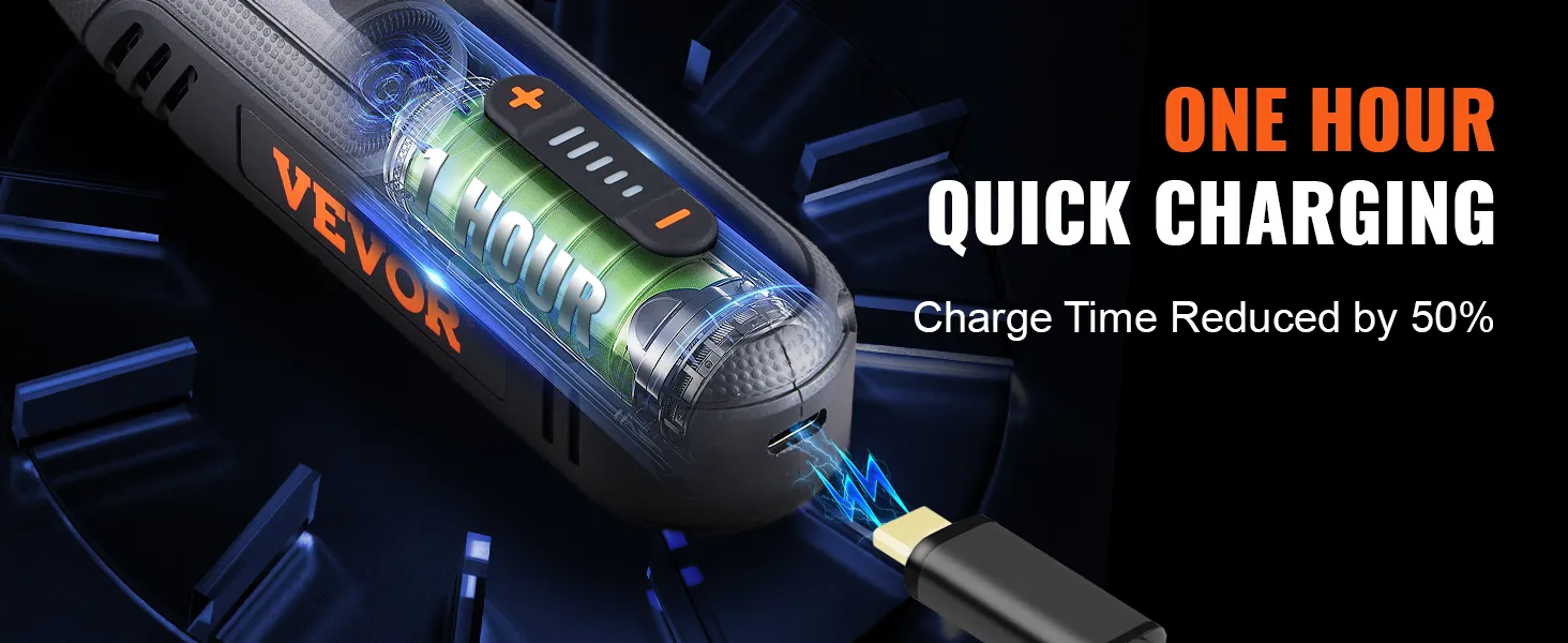 VEVOR rotary tool kit with one-hour quick charging and reduced charge time by 50%.