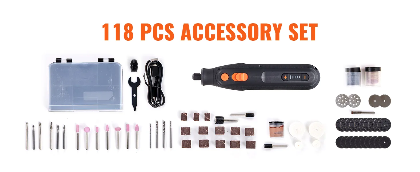 VEVOR rotary tool kit, 118 pcs accessory set with drills, sanding discs, and polishing tools.