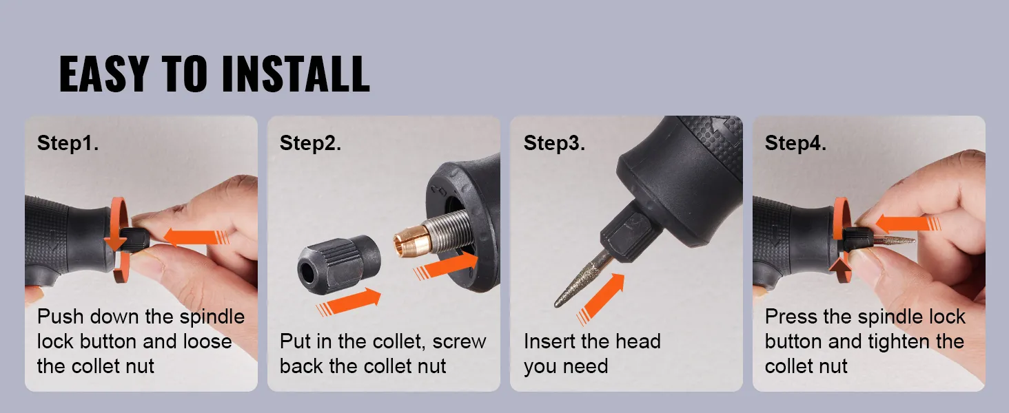 easy steps to install the VEVOR rotary tool kit, demonstrating spindle lock and collet nut adjustments.