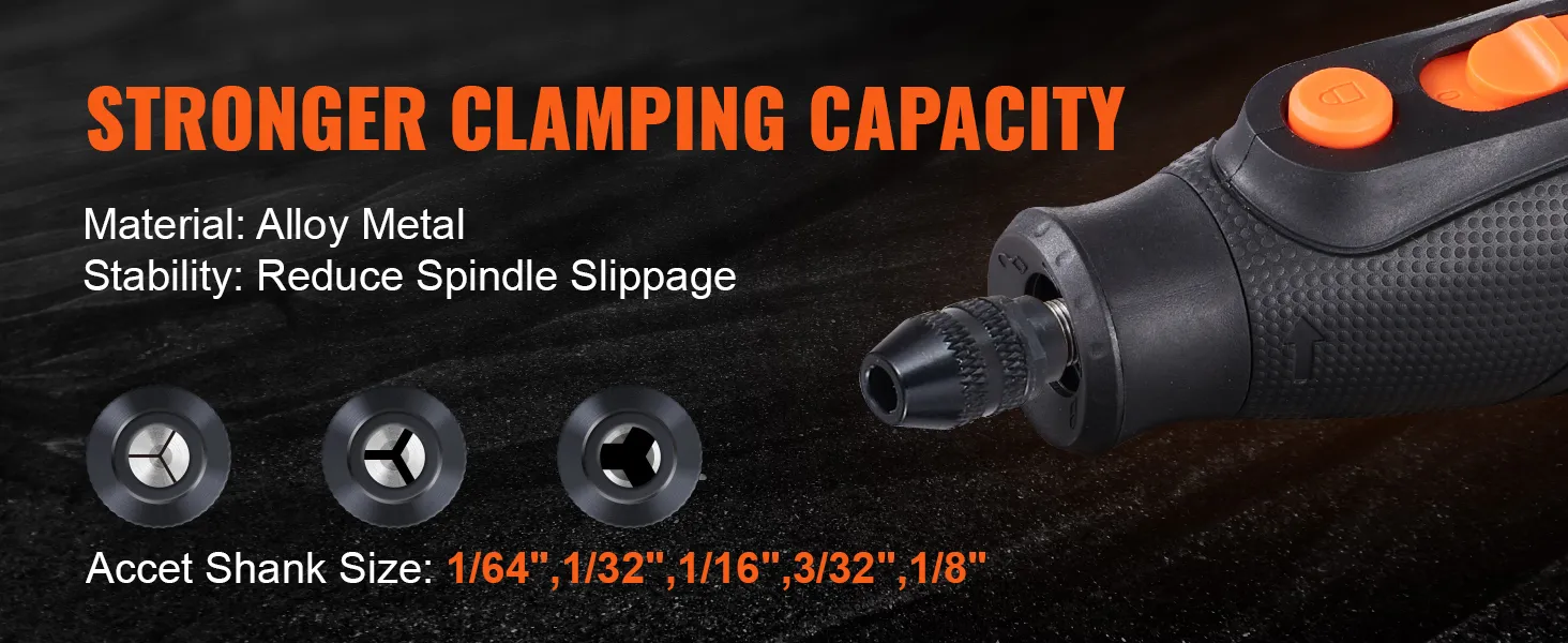stronger clamping capacity of VEVOR rotary tool kit, alloy metal, shank size options: 1/64" to 1/8"