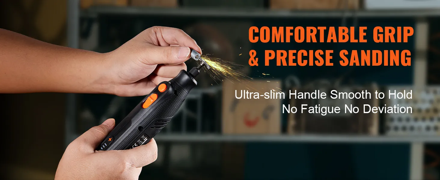hands using VEVOR rotary tool kit for precise sanding with sparks; ultra-slim handle, comfortable grip.