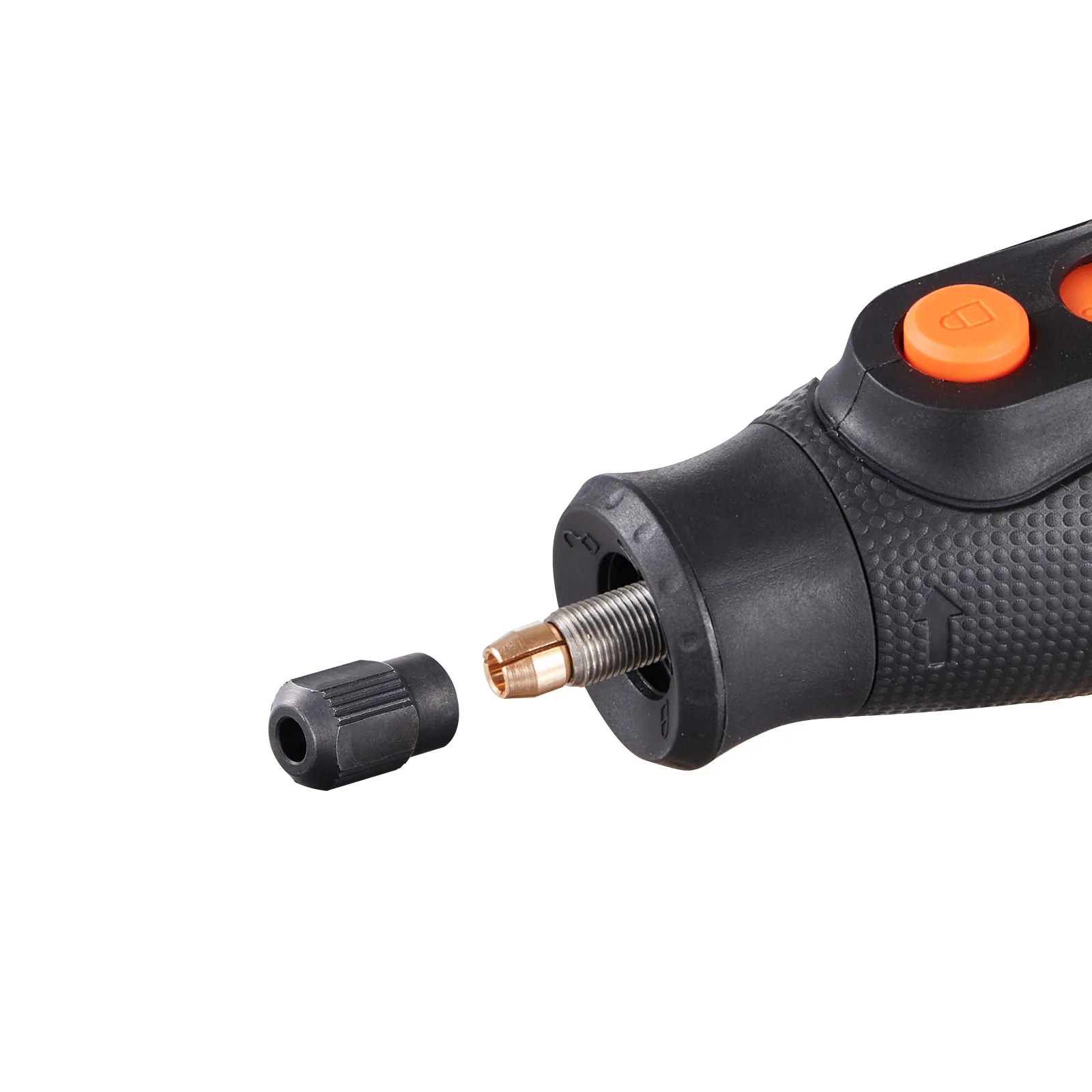 Kit de herramientas rotativas VEVOR con empuñadura negra y botones naranjas, que muestra detalles de la pinza extraíble.