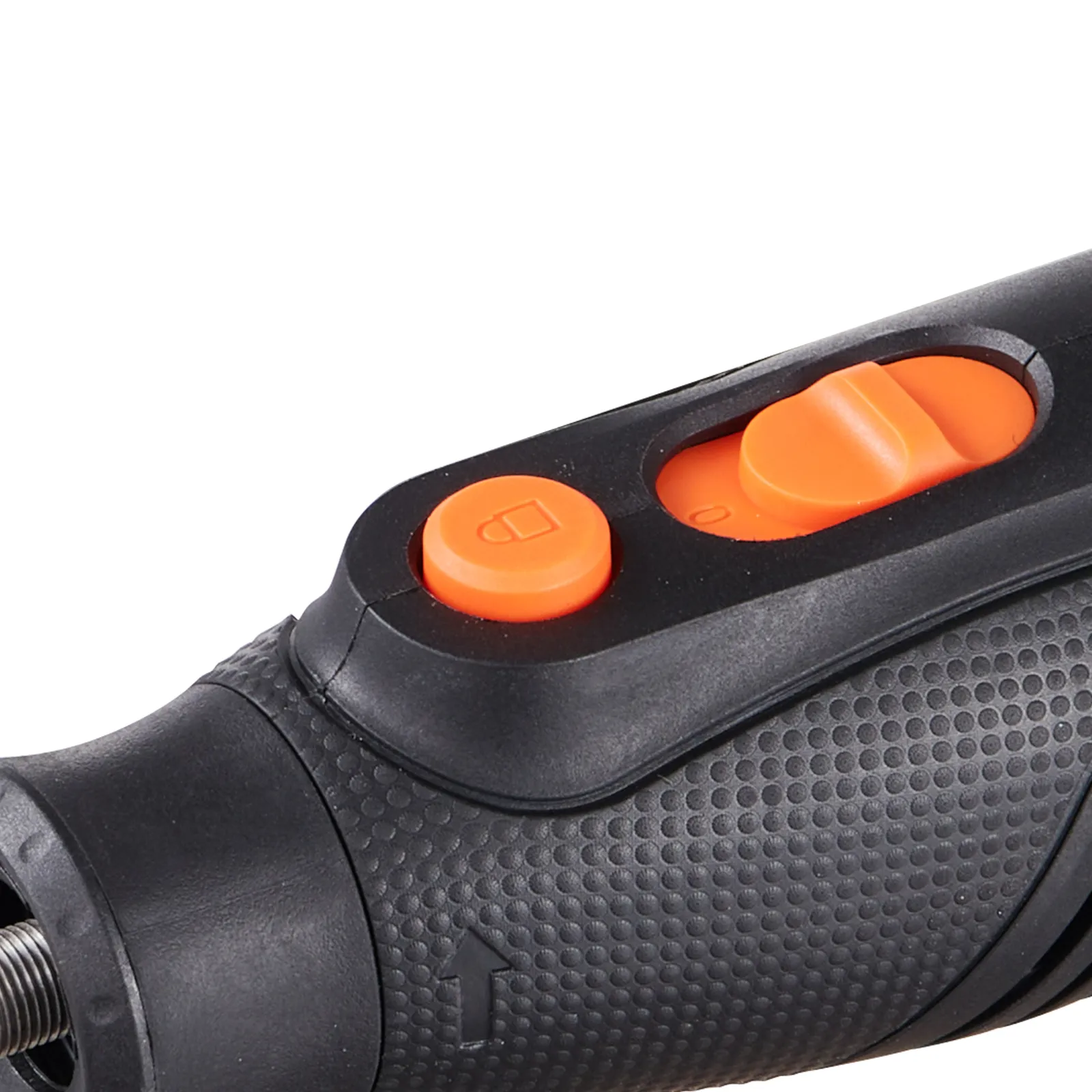 Mango ergonómico negro con agarre texturizado y botones naranjas del kit de herramientas rotativas VEVOR.