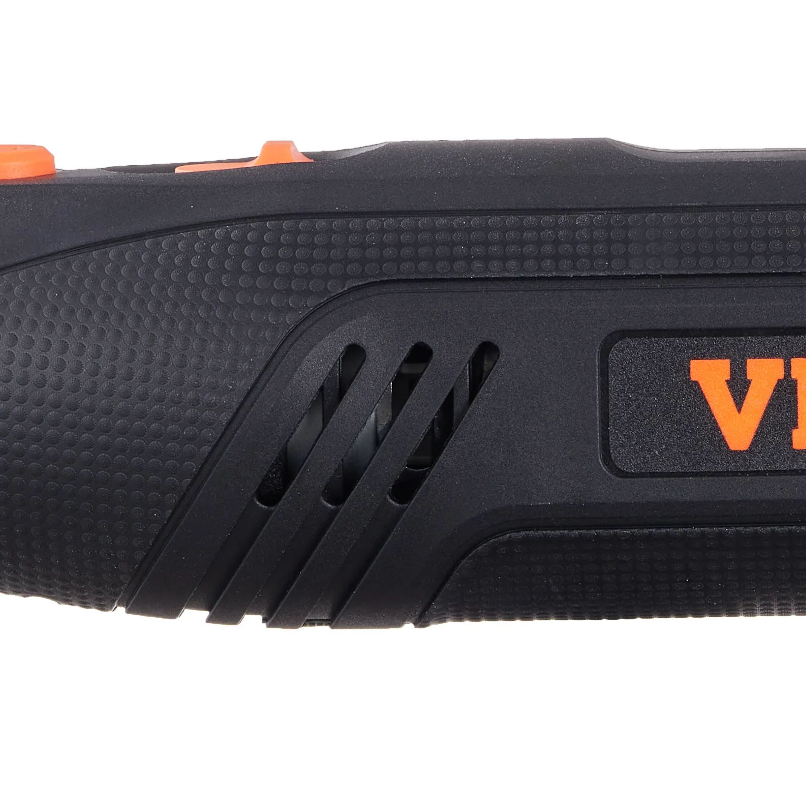 Primer plano del kit de herramientas rotativas VEVOR negro con agarre texturizado y botones naranjas.