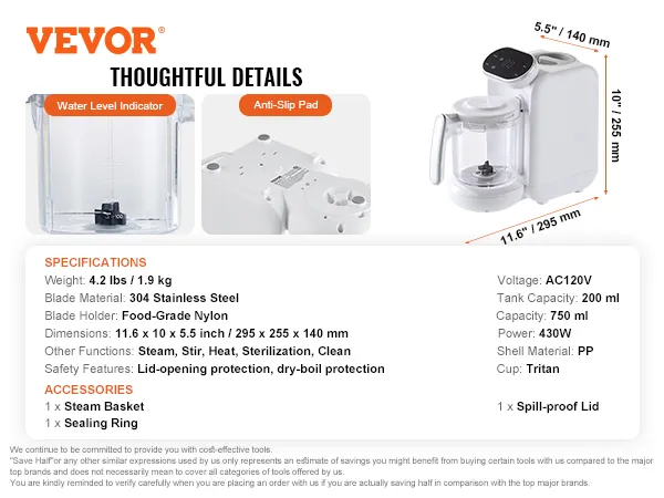 VEVOR baby food maker, 11.6 x 10 x 5.5 inches, 750 ml capacity, water level indicator, anti-slip pad.