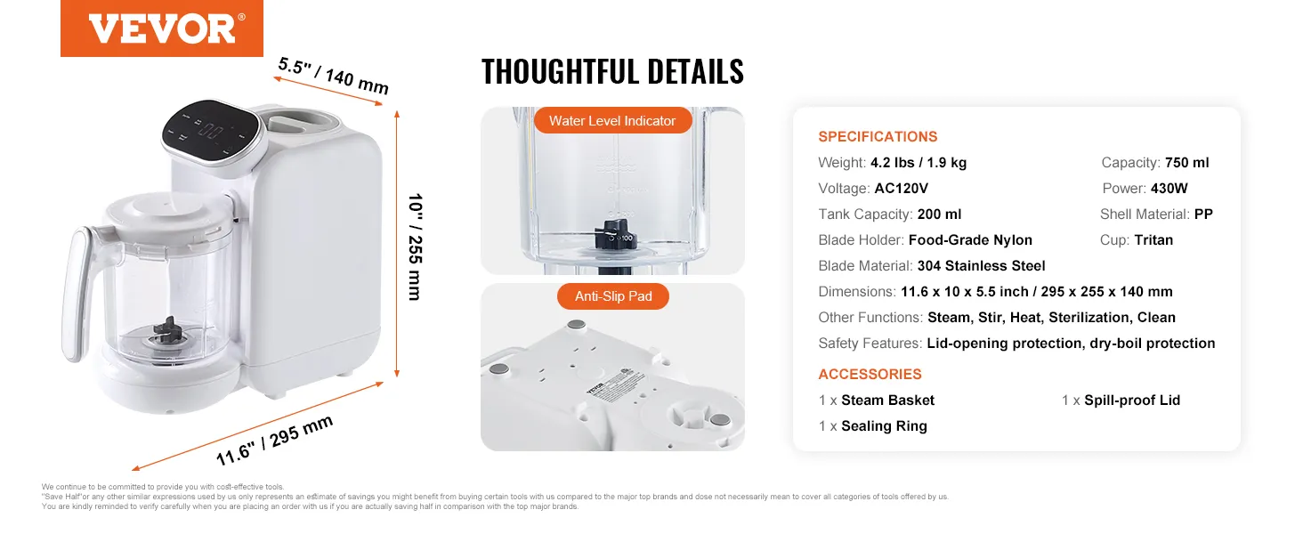 VEVOR baby food maker, 11.6 x 10 x 5.5 inches, 750 ml capacity, water level indicator, anti-slip pad.