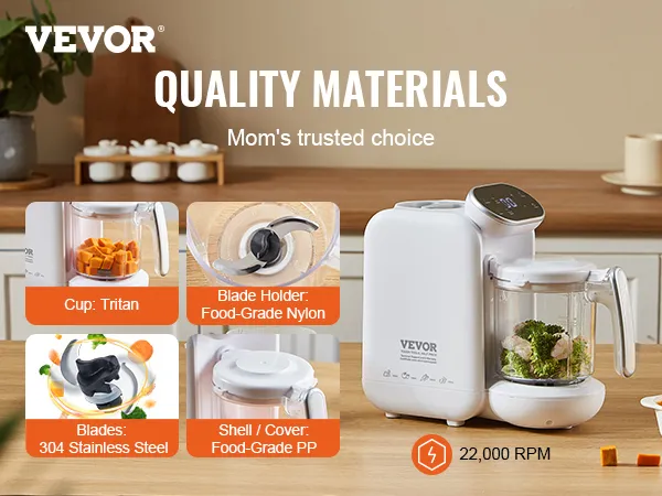 VEVOR baby food maker in a kitchen setting, highlighting quality materials and 22,000 rpm speed.