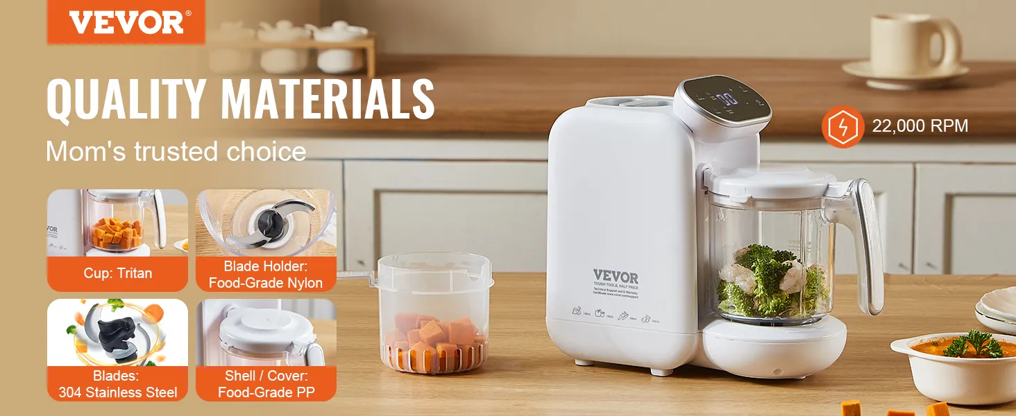 VEVOR baby food maker in a kitchen setting, highlighting quality materials and 22,000 rpm speed.