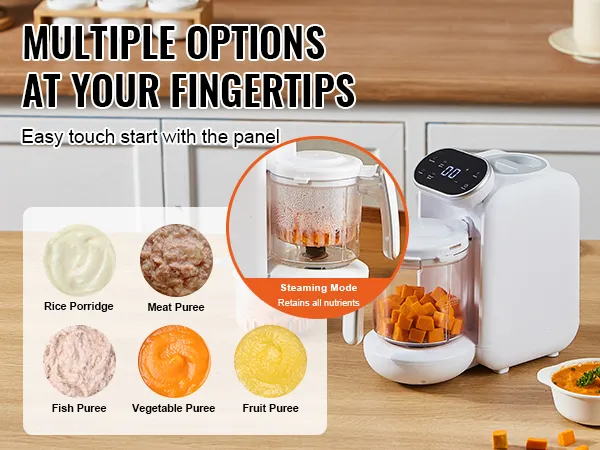 VEVOR baby food maker with digital panel displaying rice porridge, meat, fish, vegetable, and fruit puree.