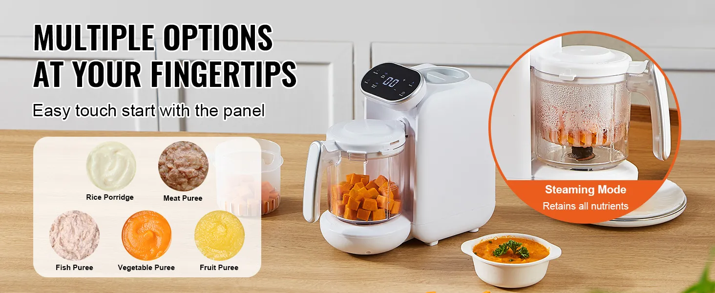 VEVOR baby food maker with digital panel displaying rice porridge, meat, fish, vegetable, and fruit puree.