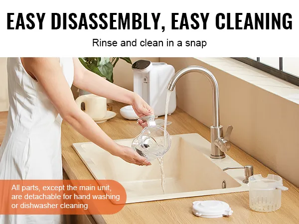 cleaning detachable parts of the VEVOR baby food maker under a faucet in a kitchen sink.