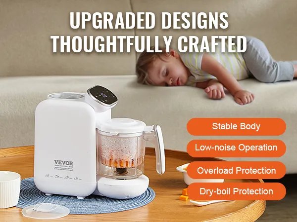 VEVOR baby food maker on table with cup, food bowl, and text highlighting stable body, low-noise operation.