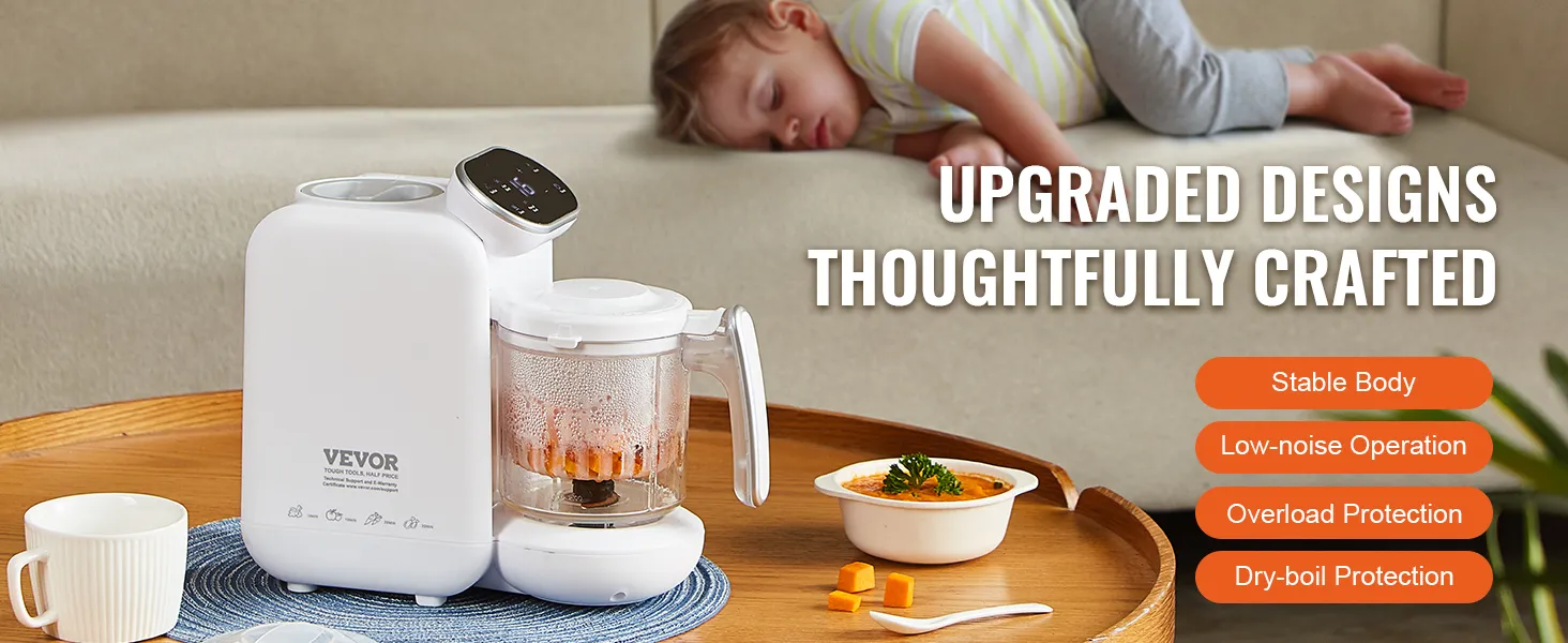 VEVOR baby food maker on table with cup, food bowl, and text highlighting stable body, low-noise operation.