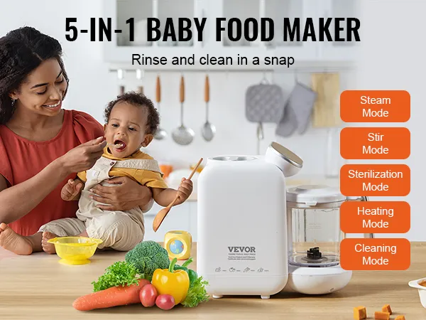 VEVOR baby food maker with five modes displayed next to fresh vegetables and fruit in a kitchen setting.