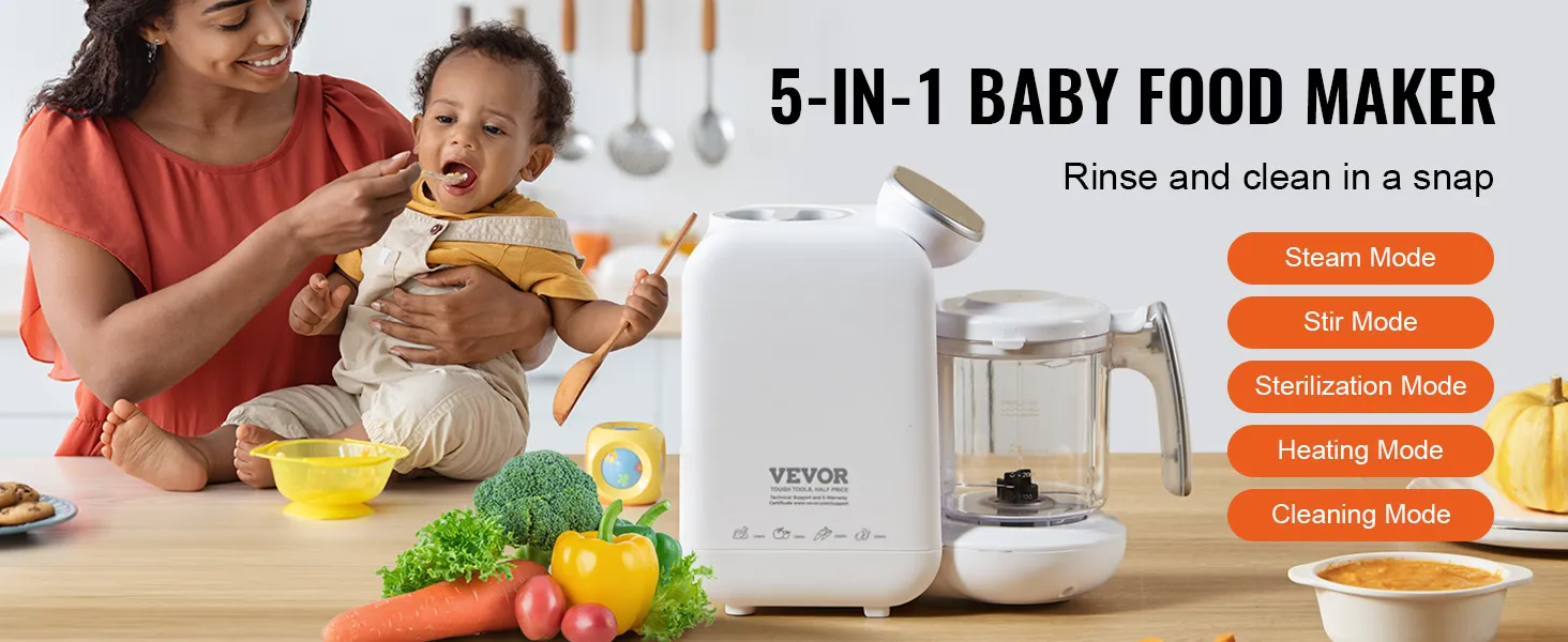 VEVOR baby food maker with five modes displayed next to fresh vegetables and fruit in a kitchen setting.