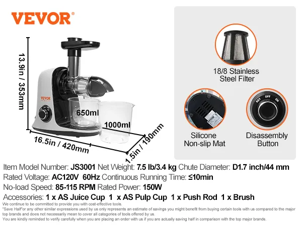 VEVOR slow masticating juicer, model js3001, features 7.5 lb weight, 650ml juice cup, and 1000ml pulp cup.