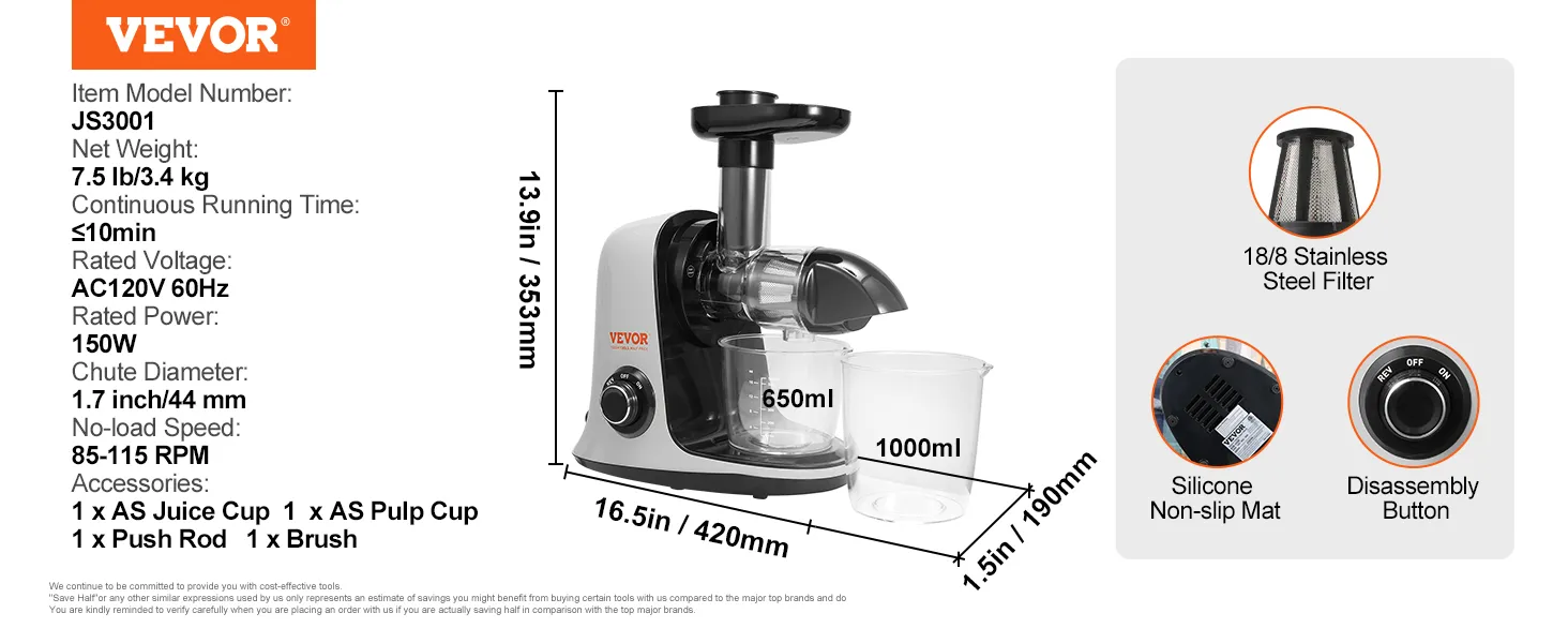 VEVOR slow masticating juicer, model js3001, features 7.5 lb weight, 650ml juice cup, and 1000ml pulp cup.