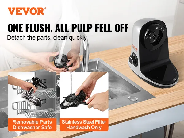 cleaning VEVOR slow masticating juicer parts quickly under running water; removable parts shown.