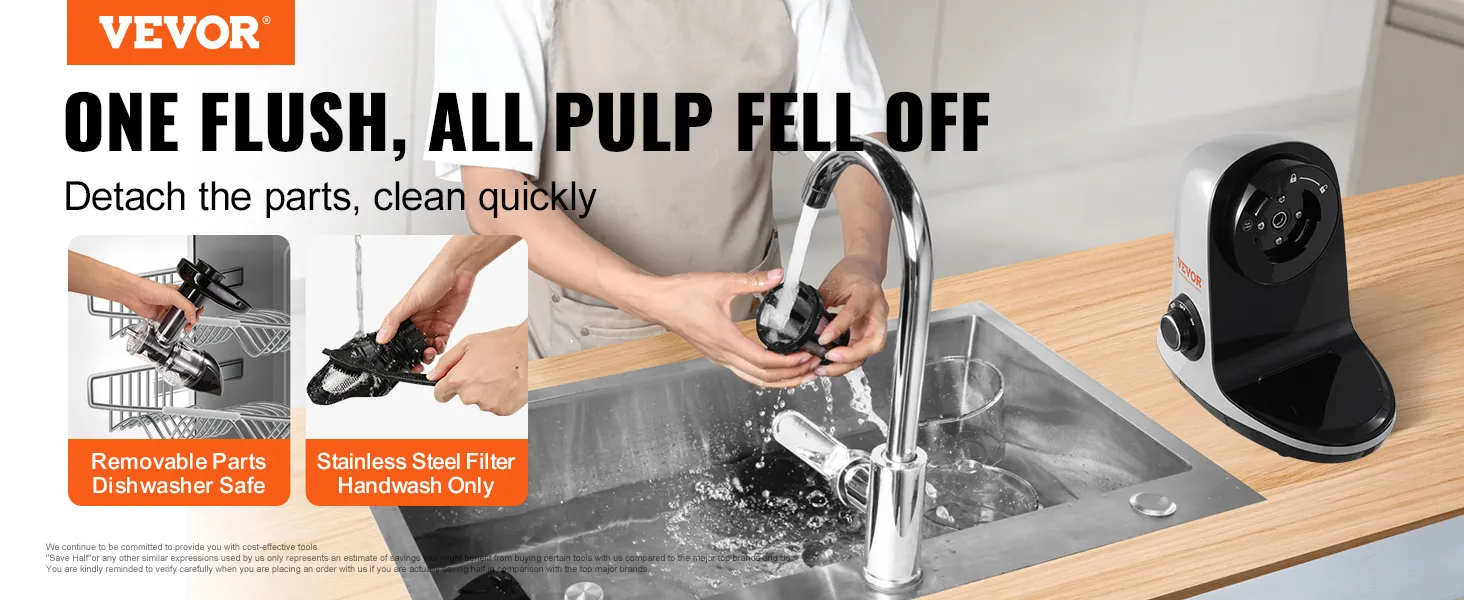 cleaning VEVOR slow masticating juicer parts quickly under running water; removable parts shown.