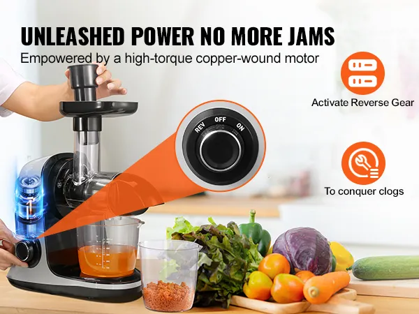 VEVOR slow masticating juicer with high-torque motor, reverse gear, and fresh produce on a kitchen counter.