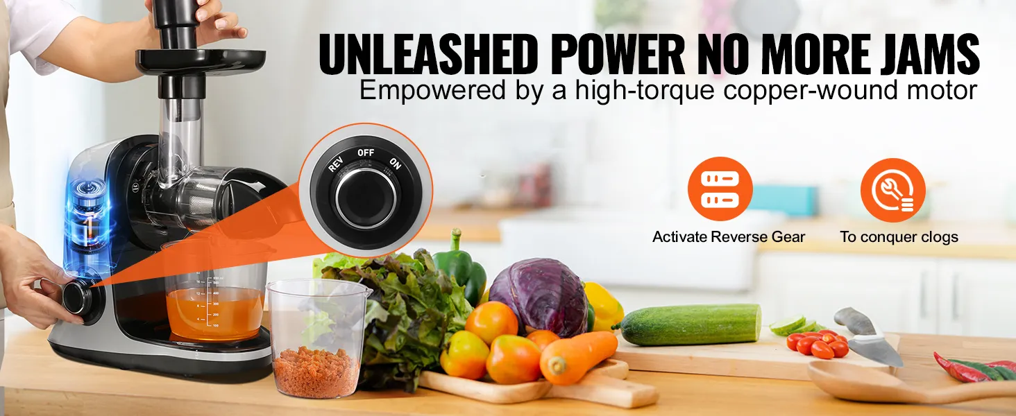 VEVOR slow masticating juicer with high-torque motor, reverse gear, and fresh produce on a kitchen counter.