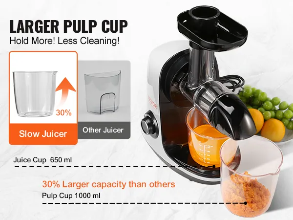 VEVOR slow masticating juicer with larger 1000 ml pulp cup, 650 ml juice cup, and fresh fruits.