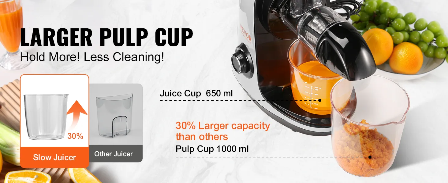 VEVOR slow masticating juicer with larger 1000 ml pulp cup, 650 ml juice cup, and fresh fruits.