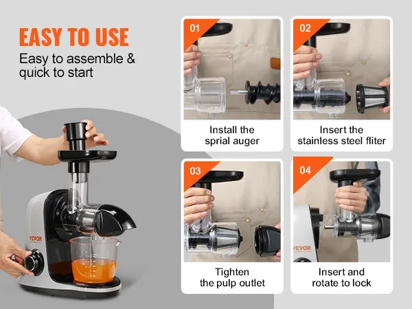 easy assembly steps for the VEVOR slow masticating juicer.
