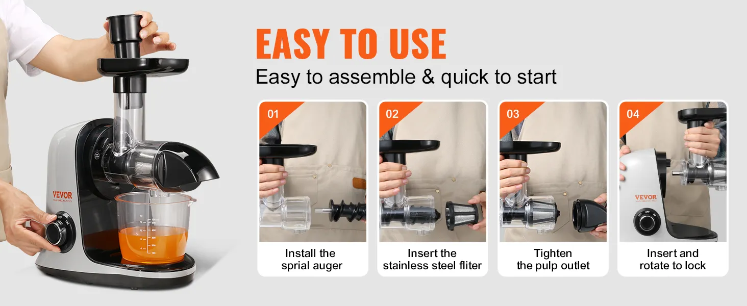 easy assembly steps for the VEVOR slow masticating juicer.
