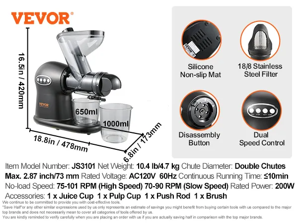 VEVOR slow juicer js3101, 200w, dual-speed control, 650ml and 1000ml cups, stainless steel filter.