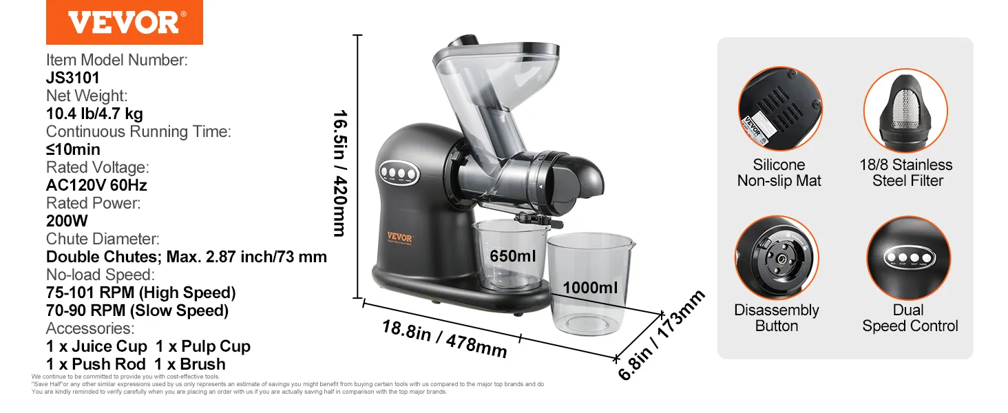 VEVOR slow juicer js3101, 200w, dual-speed control, 650ml and 1000ml cups, stainless steel filter.