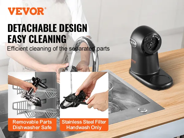 VEVOR slow juicer with detachable design for easy cleaning, featuring dishwasher-safe parts and a hand-washable stainless steel filter.