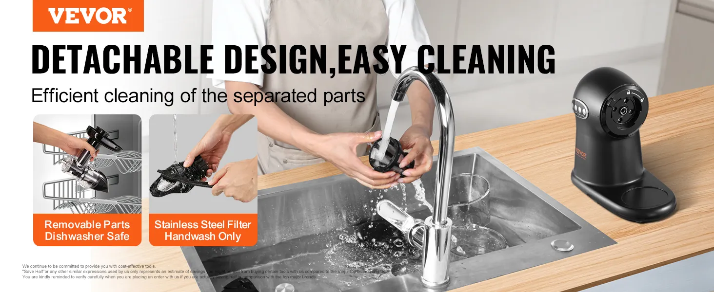 VEVOR slow juicer with detachable design for easy cleaning, featuring dishwasher-safe parts and a hand-washable stainless steel filter.