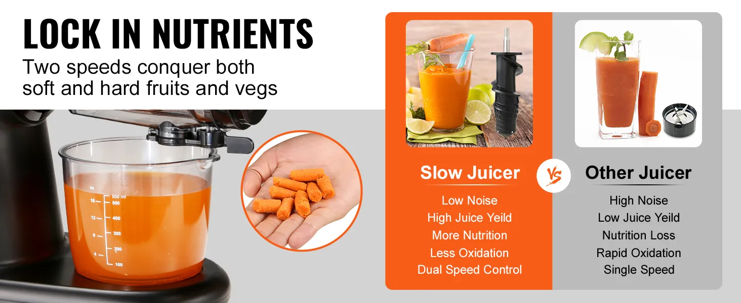 VEVOR slow juicer offers high juice yield, low noise, and dual speed for soft and hard fruits and veggies.