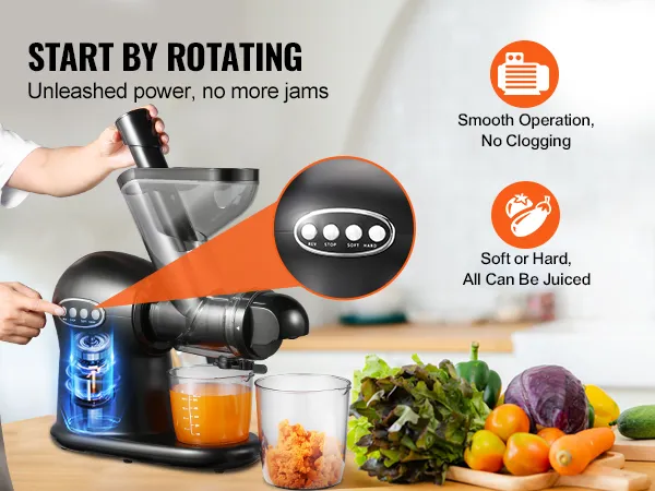 person using VEVOR slow juicer; fresh vegetables on the counter; seamless operation, no clogs.