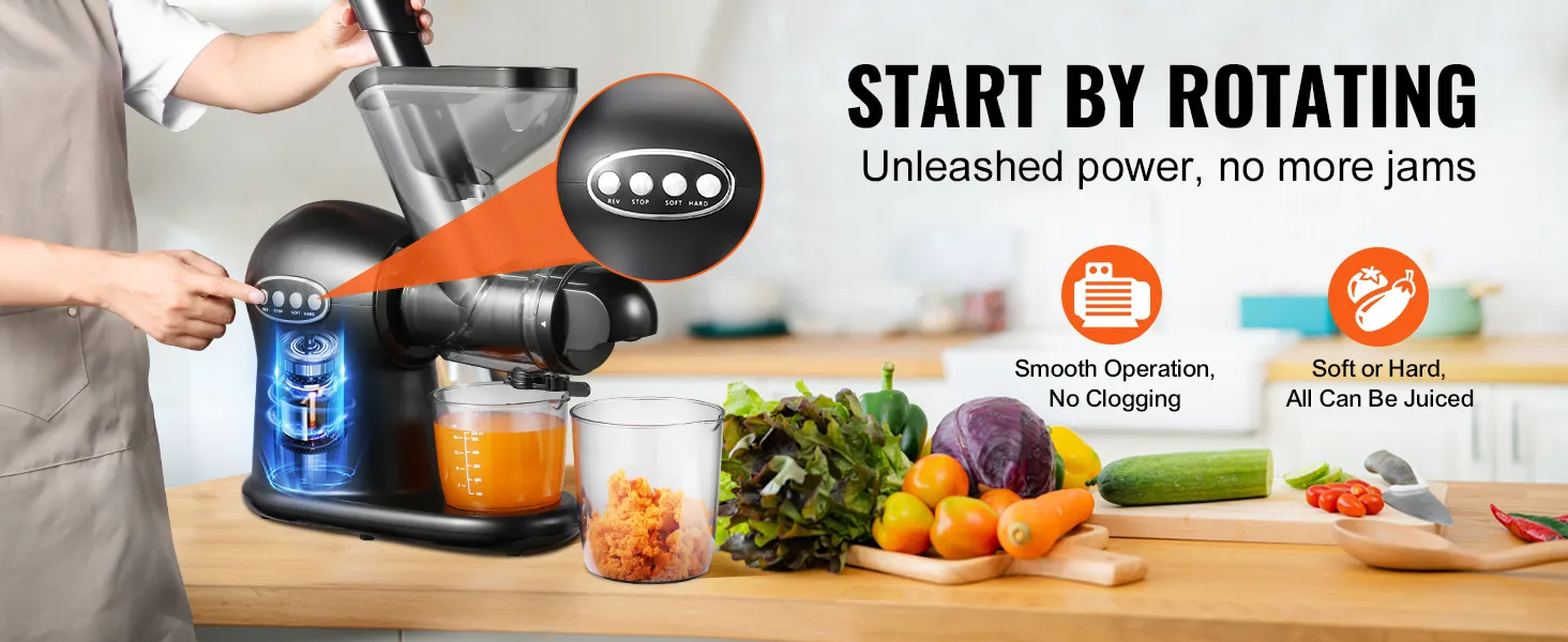 person using VEVOR slow juicer; fresh vegetables on the counter; seamless operation, no clogs.