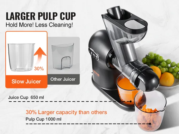 VEVOR slow juicer with large pulp cup, 30% more capacity, 1000ml, 650ml juice cup, fruits in background.