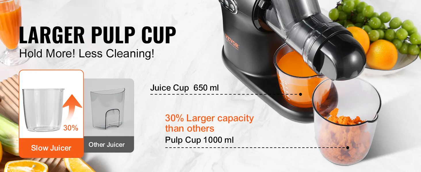 VEVOR slow juicer with large pulp cup, 30% more capacity, 1000ml, 650ml juice cup, fruits in background.
