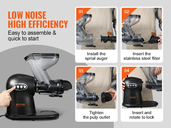 VEVOR slow juicer assembly steps with low noise, high efficiency, and easy setup instructions.