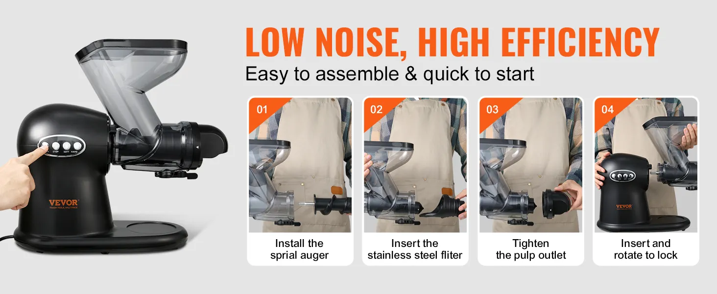 VEVOR slow juicer assembly steps with low noise, high efficiency, and easy setup instructions.
