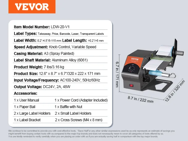 Dispensador automático de etiquetas VEVOR, modelo ldw-20-v1, dimensiones 320x222x171mm, peso 3,16kg, con accesorios.