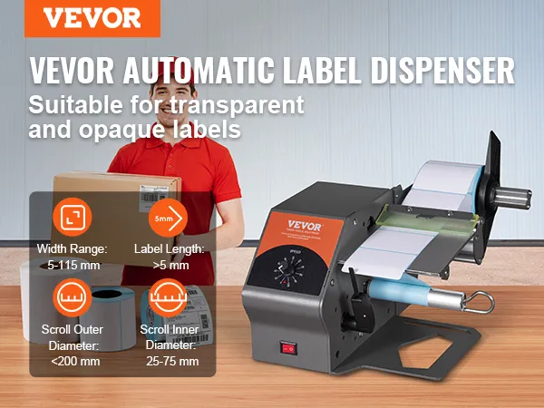 Dispensador automático de etiquetas VEVOR para etiquetas transparentes y opacas, ancho 5-115 mm, largo >5 mm.