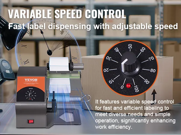 Dispensador automático de etiquetas VEVOR con control de velocidad variable para una rápida dispensación de etiquetas en un almacén.