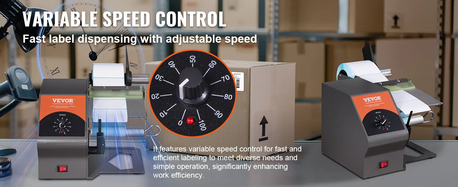 Dispensador automático de etiquetas VEVOR con control de velocidad variable para una rápida dispensación de etiquetas en un almacén.