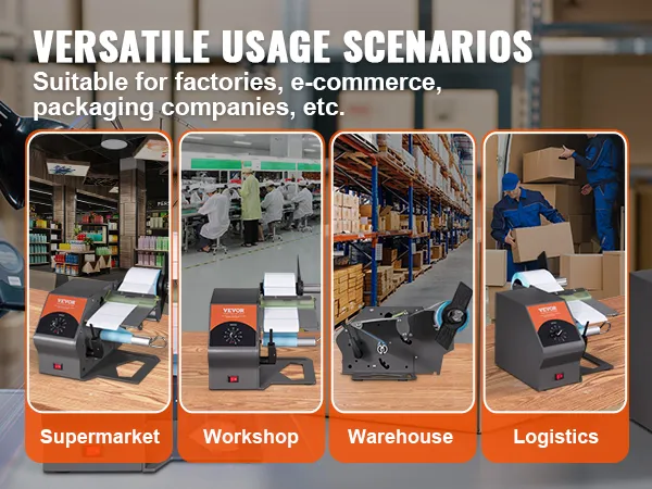 Dispensador de etiquetas automático VEVOR utilizado en supermercados, talleres, almacenes y logística.
