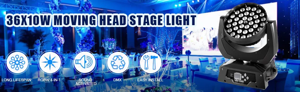 Luz de escenario LED VEVOR en un entorno de evento vibrante con iluminación y decoraciones azules.