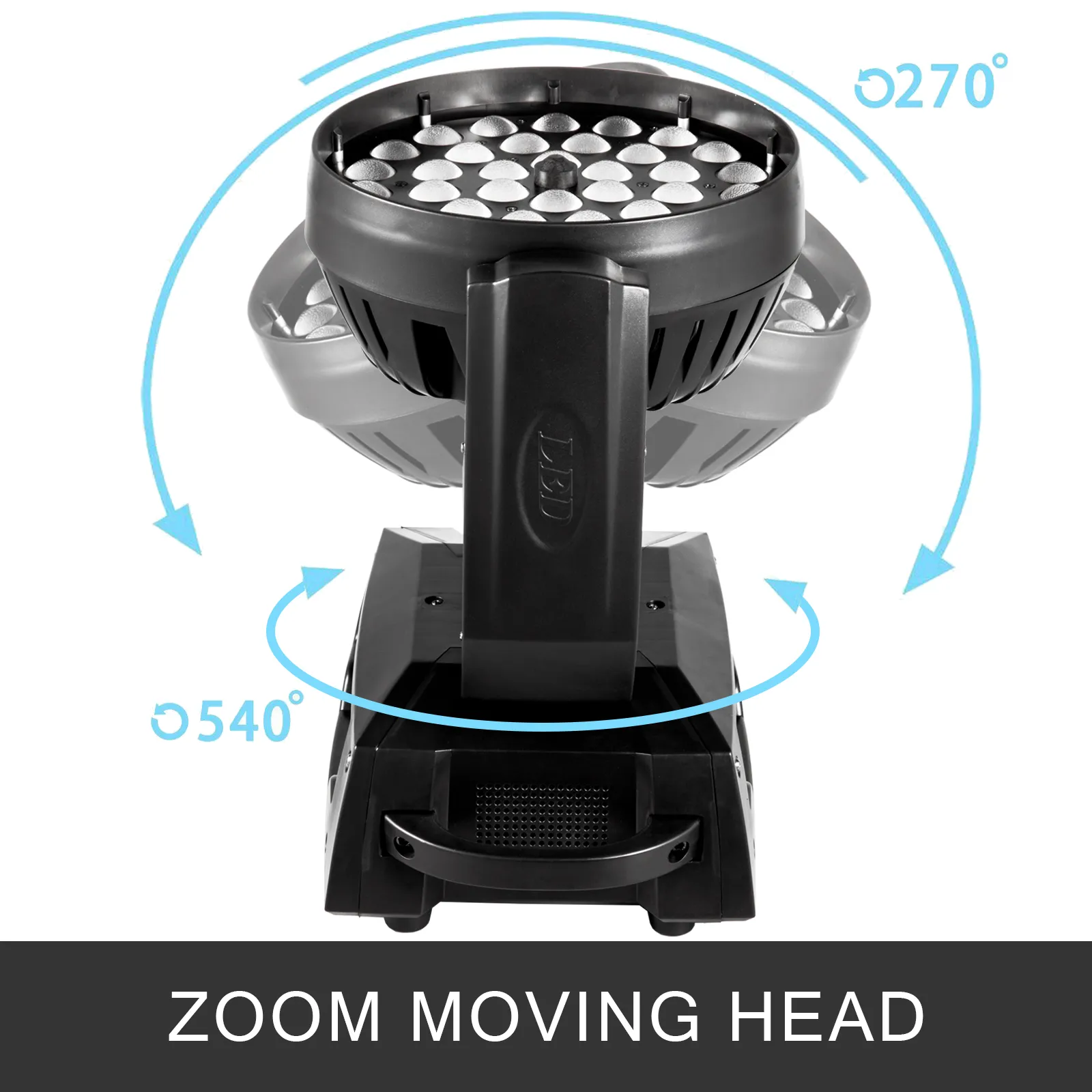 Luz de escenario LED VEVOR con capacidades de giro de 540° e inclinación de 270°.