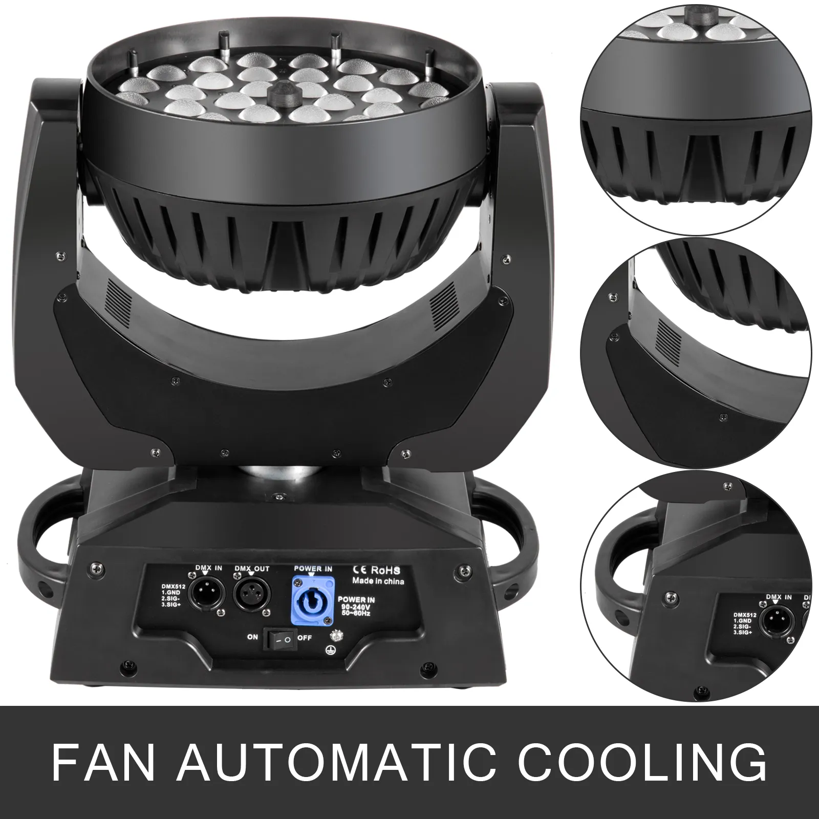 Luz de escenario LED VEVOR con enfriamiento automático por ventilador, vista frontal y detalles de primer plano.