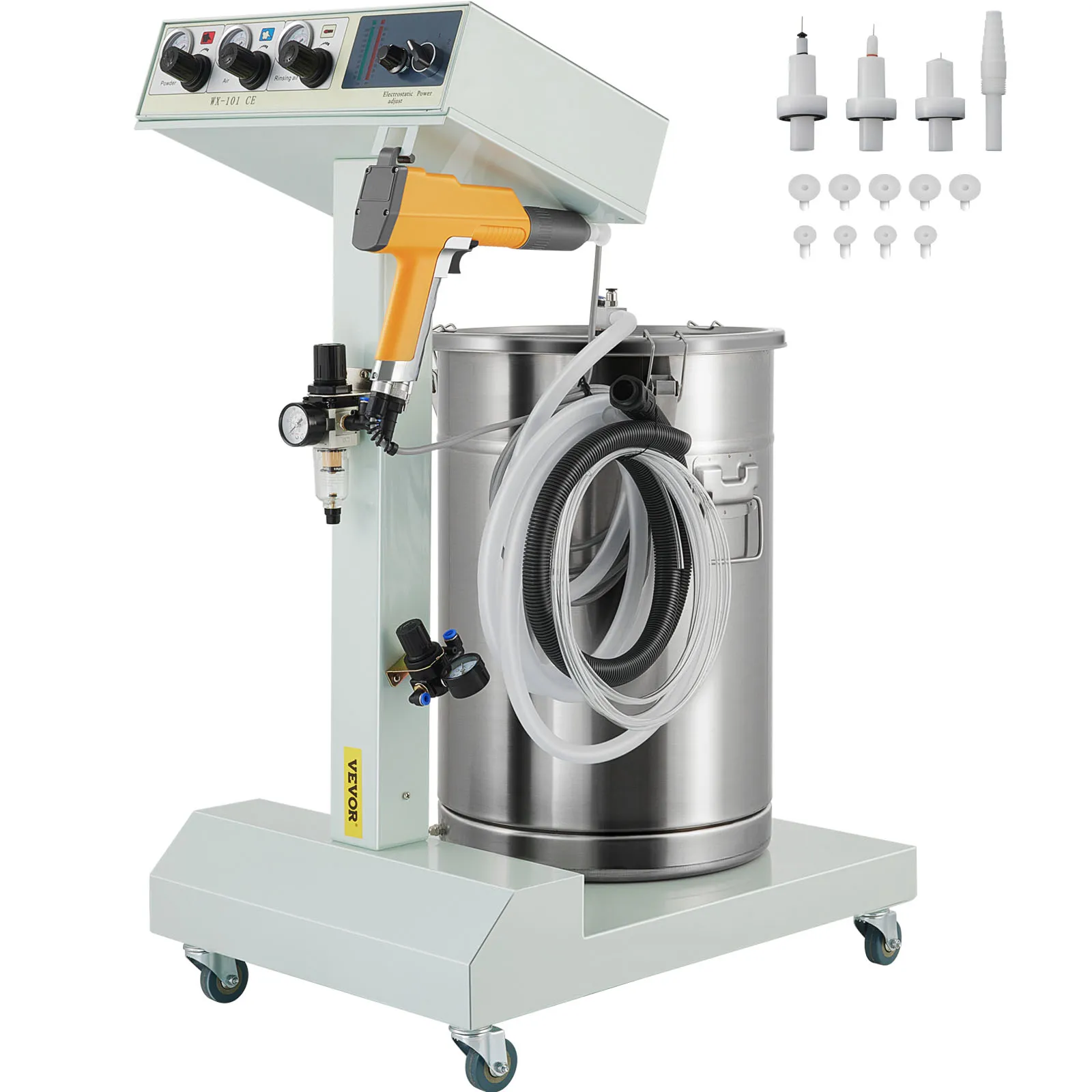VEVOR powder coating machine with control panel, hoses, and attachments.